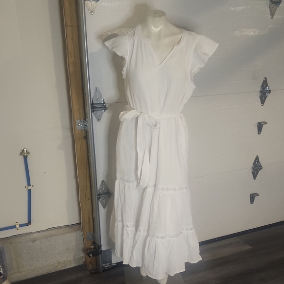 MAGASCHONI 100%ORGANIC COTTON TIERED WHITE MIDI DRESS SIZE L - Picture 2 of 5